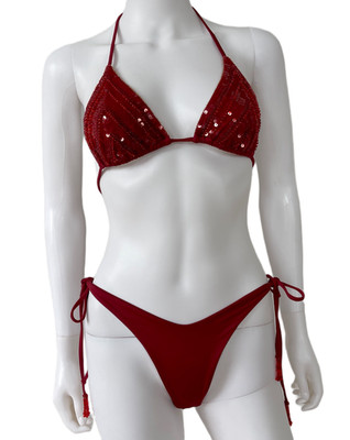 Sparkling RUBY RED String BIKINI Beaded SEQUIN Handmade in Mexico Small 8 / 10