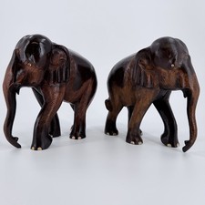 Vintage Hand Carved Wooden Elephant Pair  Mid Century Hardwood