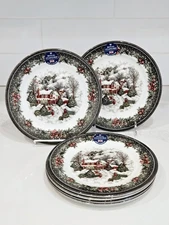 Royal Stafford Christmas Village Salad Plates NEW Set of 6 Holiday Festive 8"