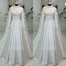 Muslim Wedding Dresses Long Sleeves High Neck Lace A Line Satin Bridal Gowns