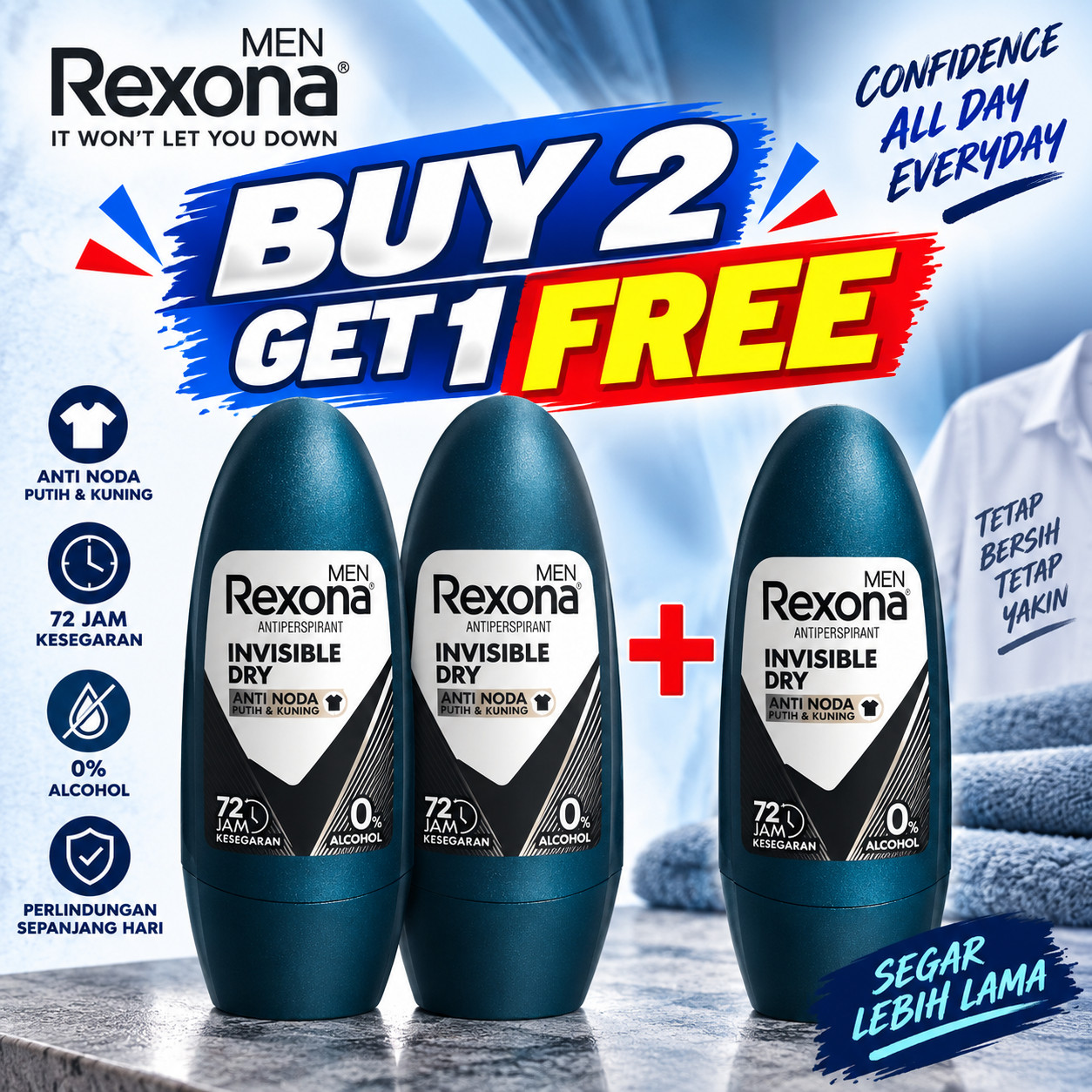 Rexona Men Invisible Dry Roll On Antiperspirant 45 ml x3 ( Buy 2 Get 1 Free)