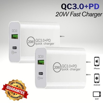 20W Dual Port Fast Charging Block USB C Charger Plug+USB A Brick for iPhone Lot