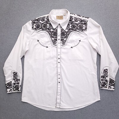 Scully Pearl Snap Shirt Mens XXL Embroidered Floral Rodeo Cowboy White
