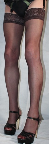 Ex Long Size Barely Black (BROWN) 10Denier Luxury Lace Top Semigloss Stockings - Picture 12 of 18