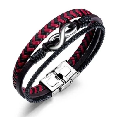 Bracelet Homme Cuir Tressé Acier Inoxydable Symbole Infini Noir Et Rouge