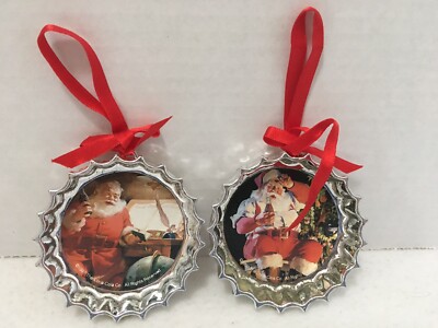 Lot of 2 Coca Cola Bottle Caps Santa with a Coke Christmas Ornaments 1997