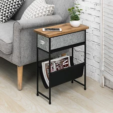 MyGift Rustic Burnt Wood and Black Metal Side Table with Galvanized Drawer