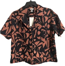 Small Camp Shirt Cropped by A New Day, Linen/Rayon, ButtonDown, Blk & Brwn, New