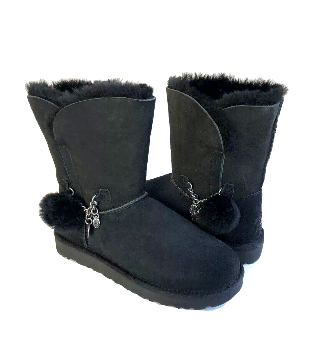 UGG CLASSIC SHORT CHARM CRYSTAL BLING BLACK POM POM BOOTS US 12 EU 43  UK 10