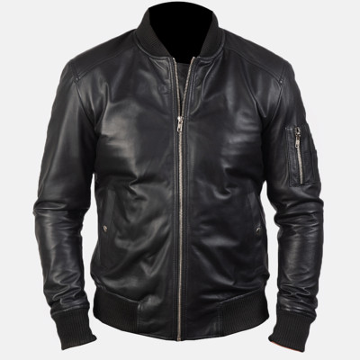 【OF ALL FORM】POCKET DETAIL LEATHERBOMBER Sleeve Pocket Detail Black Leather Bomber Jacket