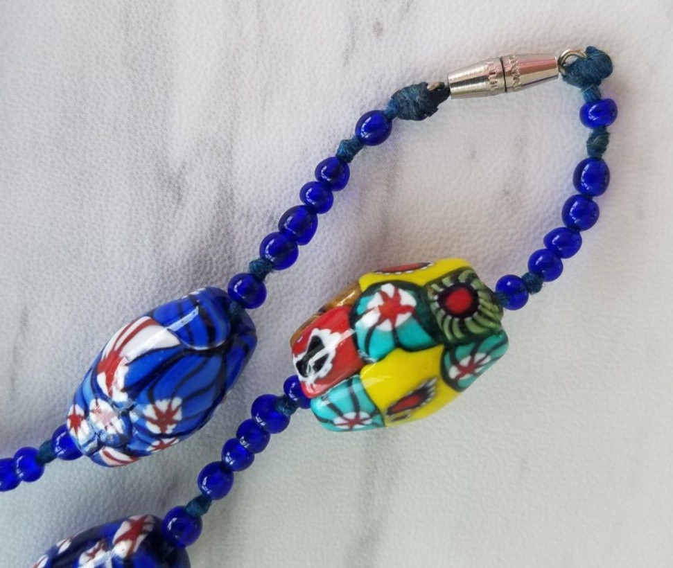 Vintage Venetian Glass Necklace Murano  Dark Blue Millefiori Murano Glass Beads View 4