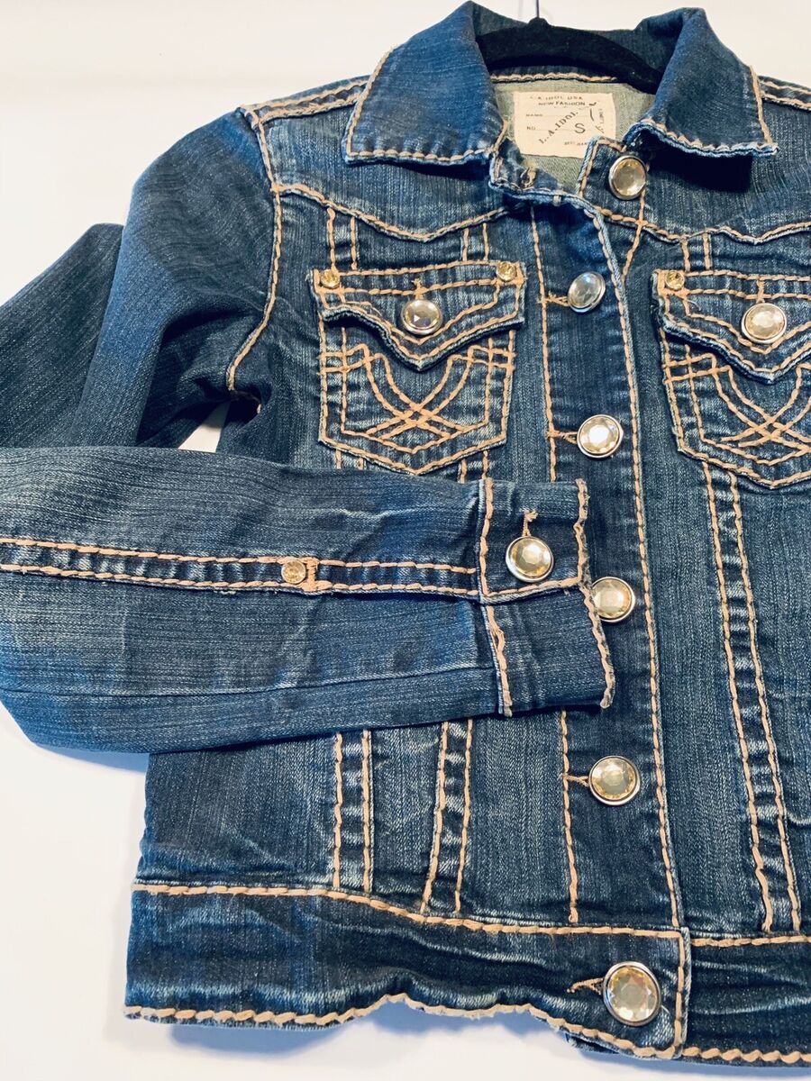 DENIM JACKET W/HEAVY STITCHING SIZE S Jewel Buttons L.A. DENIM JACKET W/HEAVY STITCHING SIZE S Jewel Buttons L.A.