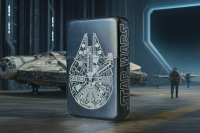 Millennium Falcon Star Wars Lasergravur schwarz Flip Feuerzeug in Geschenkdose