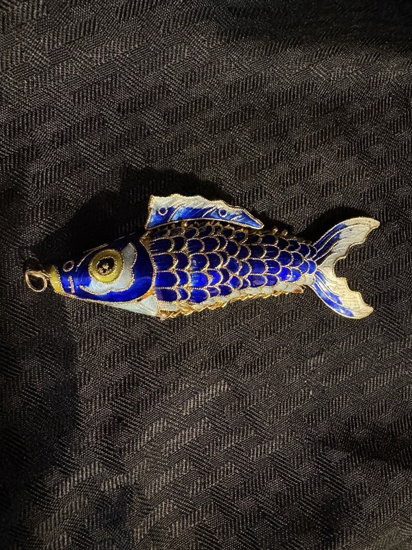 Vintage Chinese Cloisonne Articulated Blue Enamel Fish Pendant 4" Koi Fish Rare