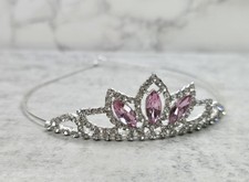 Crystal Tiara Crown Pink Elegant Princess Rhinestone Silver Pageant Bride Hair