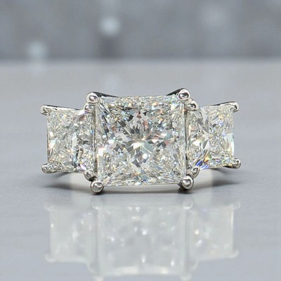 4 Ct Princess-Cut VS1 Lab Grown Diamond Three Stone Wedding Ring 14k White Gold