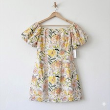 ASTR The Label Ivory Blush Floral Off Shoulder Puff Sleeve Mini Dress Large NWT