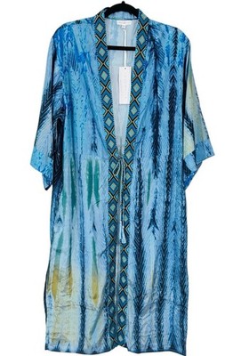 Love Kyla Caite Women S Embroidered Boho Longline Kimono Top Polysilk Blue Flowy