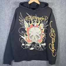 Vintage Ed Hardy Hoodie Mens XL Black 90s Tattoo Skull Flames Tribal Grunge