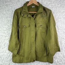 Chicos 100 Linen Beaded Leaf Jacket Olive Green Womens Size 2 US 12 14 Career