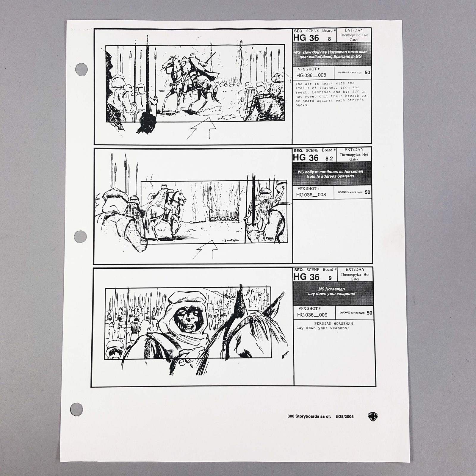 300 Production Used Storyboard, Persian Horseman Demands Spartans Surrender, COA