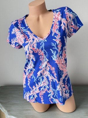 Lilly Pulitzer Sz S ETTA Top T Shirt V Borealis Blue Coral Tropical Resort Wear
