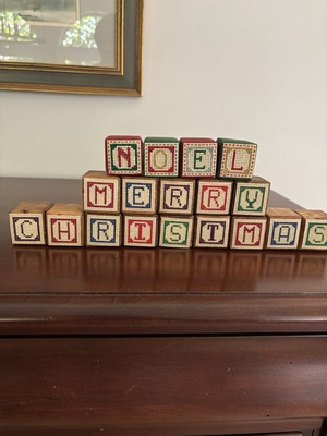 #ad Home Made Cross Stitch Wooden Cube Blocks Merry Christmas Noel Set 18 Folk Art $14.99