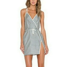 NBD Revolve Strappy Faux Wrap Summer Blue/Ivory Striped Mini Dress NWT M
