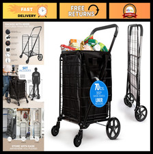 Compact Folding Shopping Cart with Waterproof Liner, 360  Wheels, 70 lb Capacity
