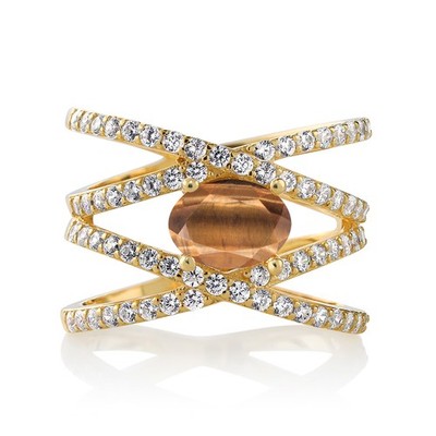 2.18 Ct Oval Brown Tiger Eye 18K Yellow Gold Plated Silver Ring