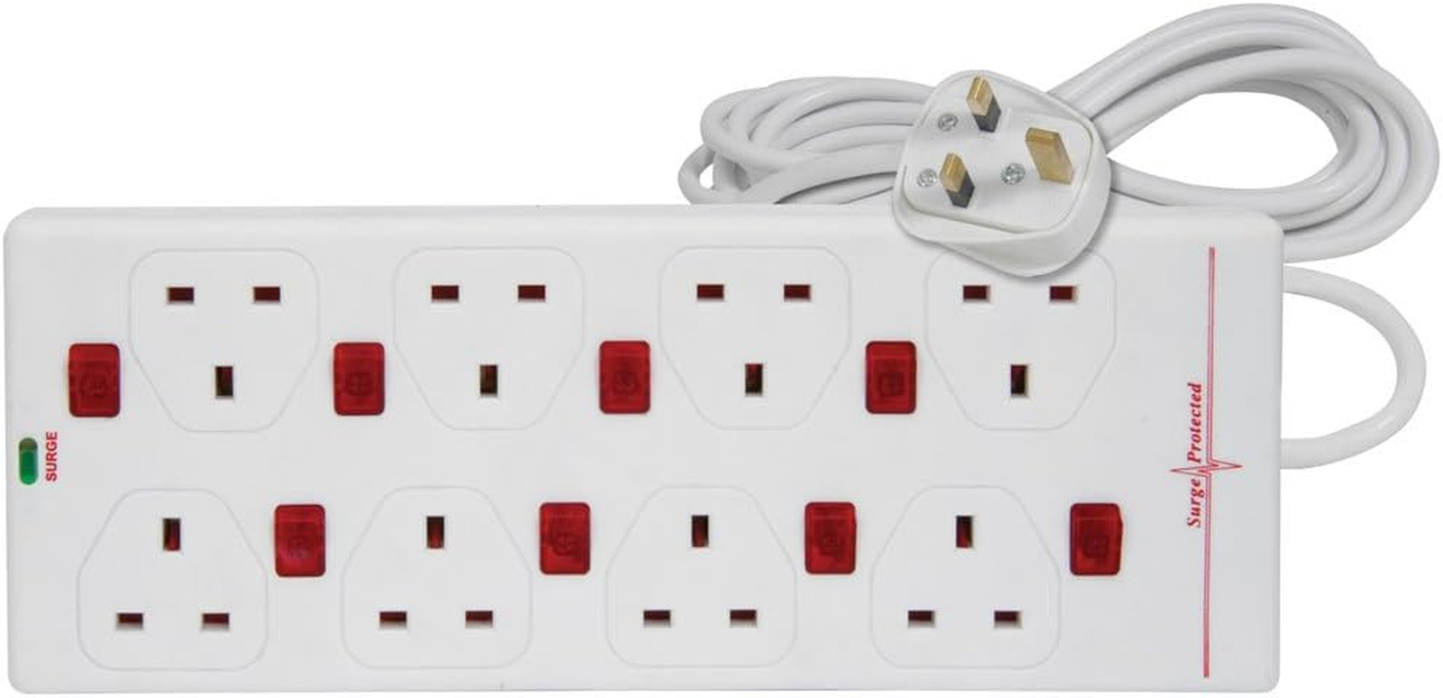 Mercury | 8 Gang UK Mains Extension Cable with Surge Protection & Individual Neo