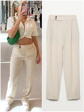 MANGO Pleated Suit Pants in Off White Straight Leg Trousers High Rise 2 / XS