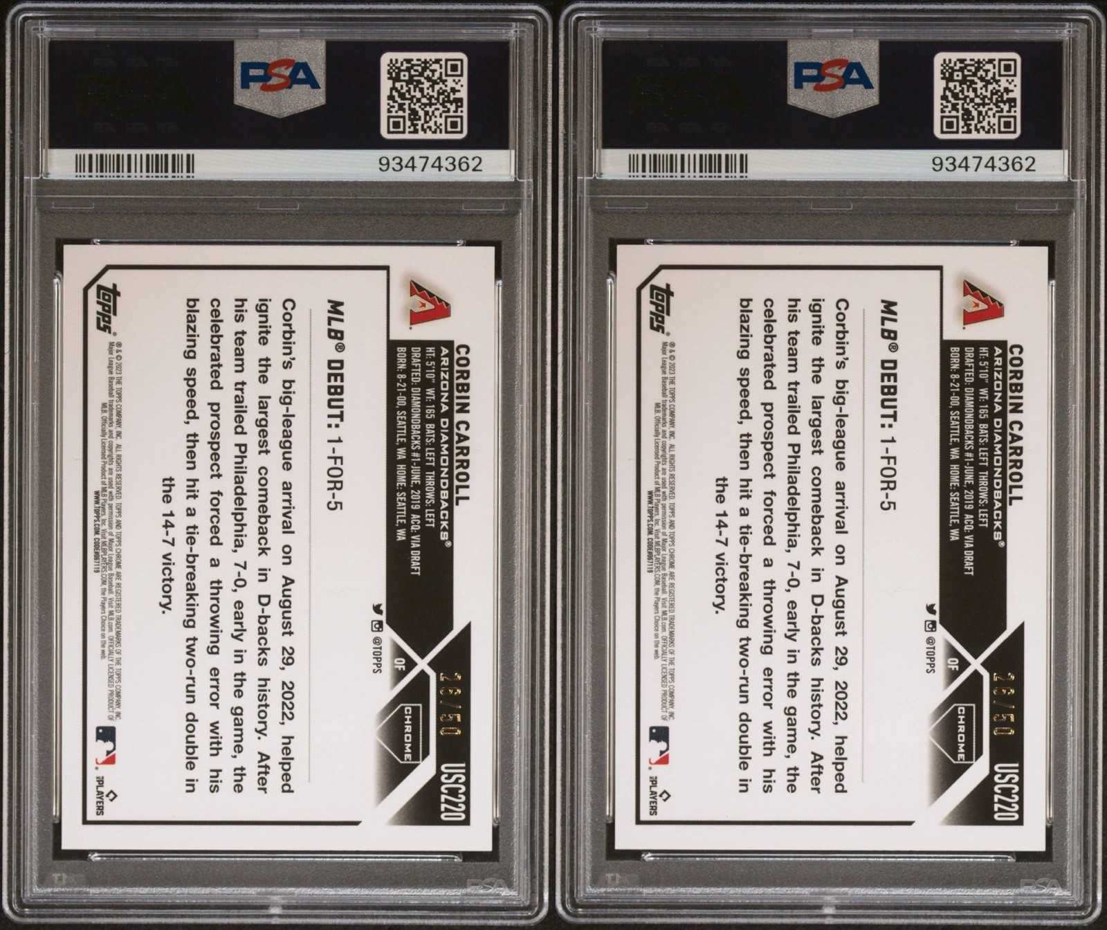 2023 Topps Chrome Update Corbin Carroll RC Gold Refractor #/50 PSA 9 #USC220 view 2