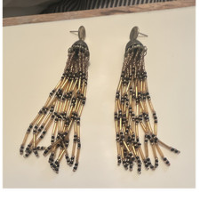 Gold-Tone & Black Glass Beaded Tassel Dangle/...