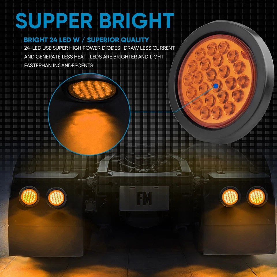 10Pcs 4" inch Amber Round LED Truck Trailer Turn Signal Tail Lights Waterproof - Image 3 of 4