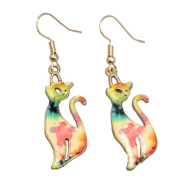 Kitty Cat Tie Dye Multicolor Pierced Earrings Gold tone Dangle 1 3/8''