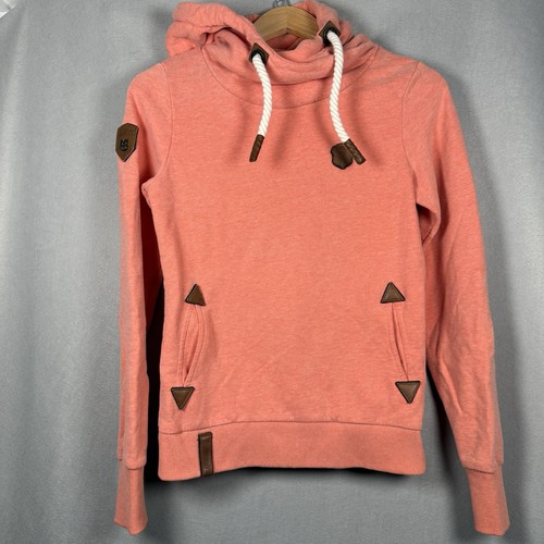 Naketano Hoodie Leather Patches Owl Coral Cotton Blend Women’s Sz S