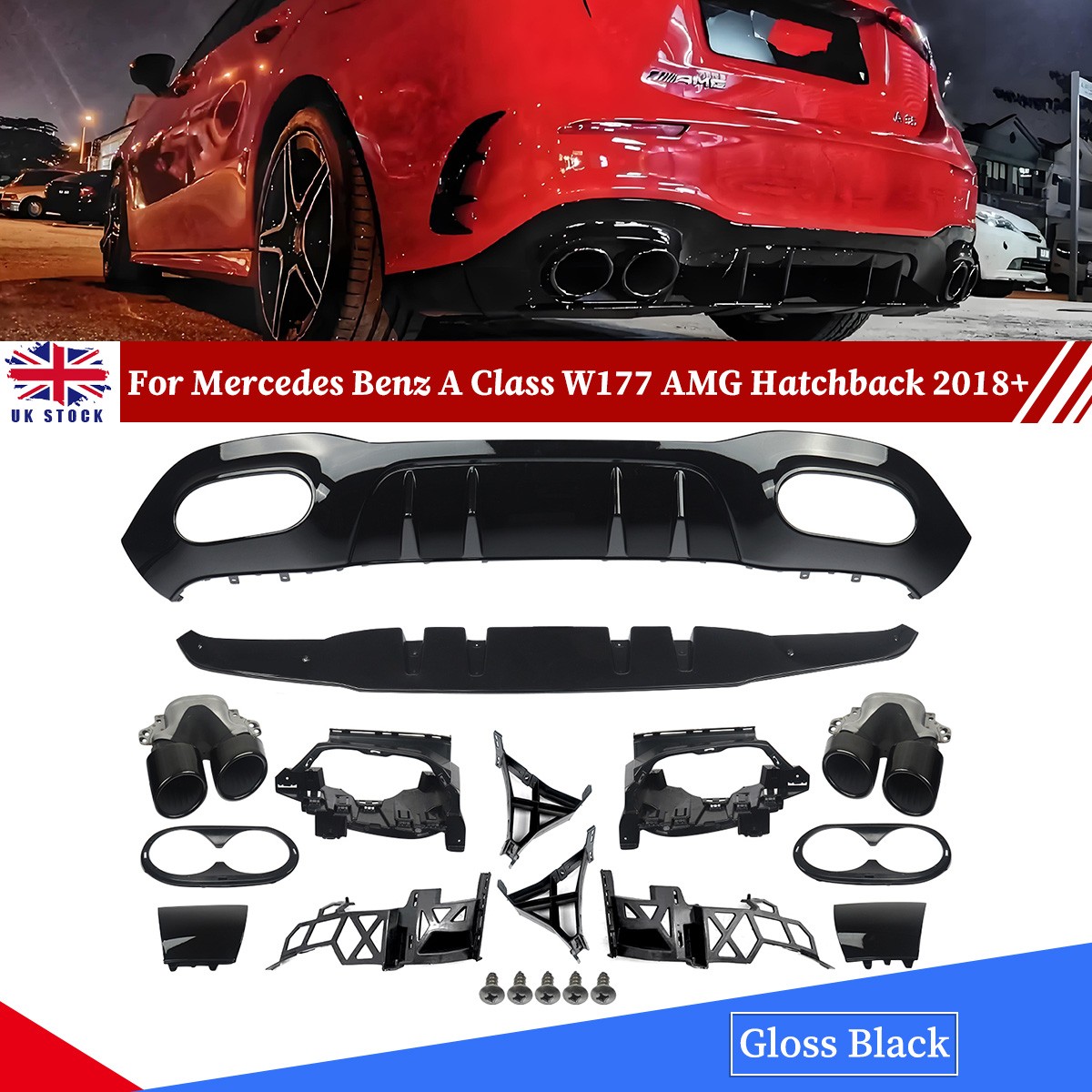 NEW FOR MERCEDES BENZ A CLASS REAR DIFFUSER & TAILPIPES W177 A45 GLOSS BLACK UK