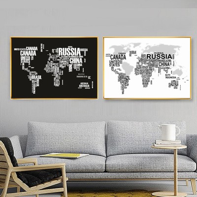 World Map Poster Black White Letter Puzzle Map Silk Canvas Wall Prints Decor 150