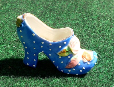 Vtg Porcelain Decortive High Heel Shoe Figurine Blue W/polka DOTS Made In JAPAN