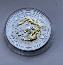 2000 Australia $1 Lunar I Year of the Dragon 1 Oz Gilded Silver Coin Perth Mint