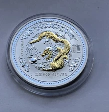 2000 Australia $1 Lunar I Year of the Dragon 1 Oz Gilded Silver Coin Perth Mint