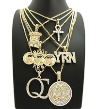 HIP HOP ICED GOLD PLATED MIGOS QC YRN JESUS ANKH 6 CHAIN NECKLACE COMBO SET