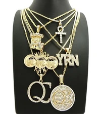 HIP HOP ICED GOLD PLATED MIGOS QC YRN JESUS ANKH 6 CHAIN NECKLACE COMBO SET