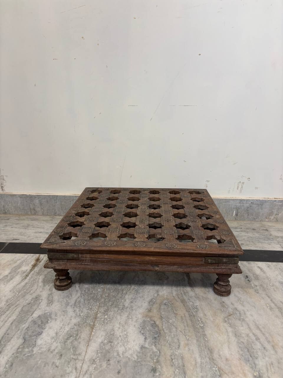 Antique Style Wooden Low Coffee Table Bajot | Hand Carved Vintage Chowki