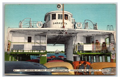 #ad Postcard St Petersburg Bradenton Sarasota Ferry People Automobiles Cars $1.80
