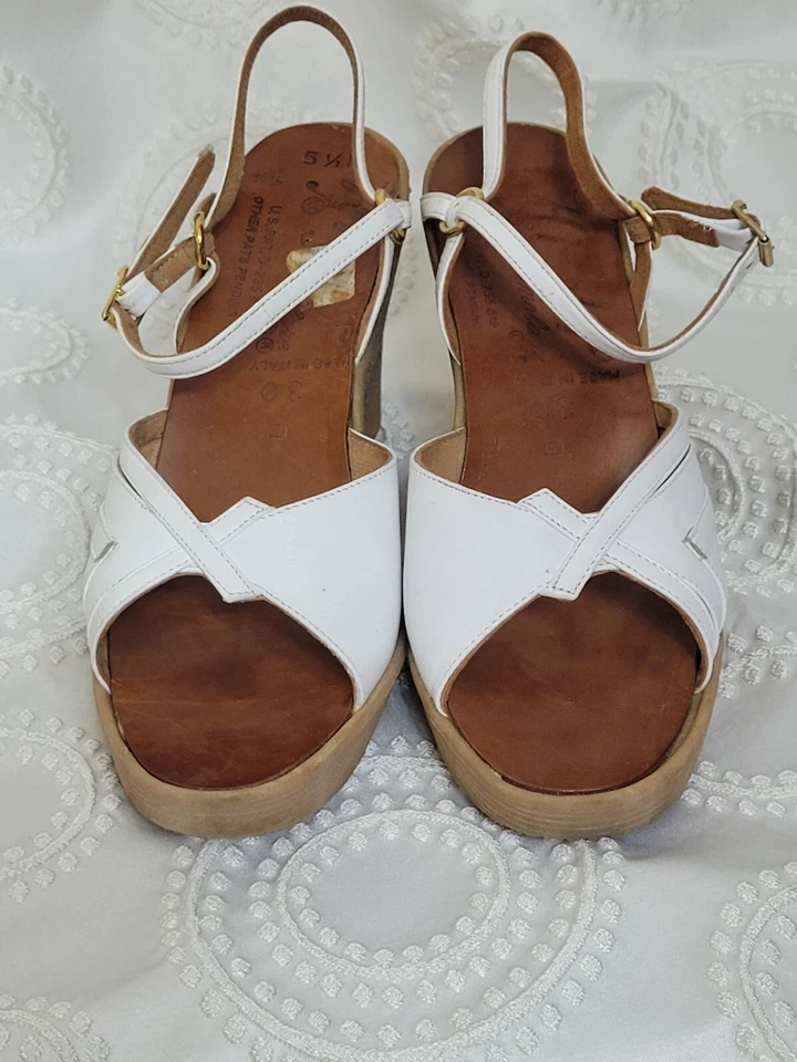 Sandalias blancas de cuña de tacón alto ondulado HI-UP FAMOLARE AÑOS 70 Italia - 5,5 M Foto 4 de 4