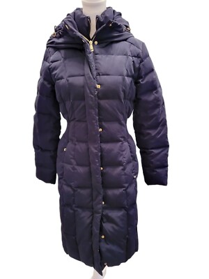 Cole Haan Womens Sz XS Navy Long Hooded Down Winter 0717