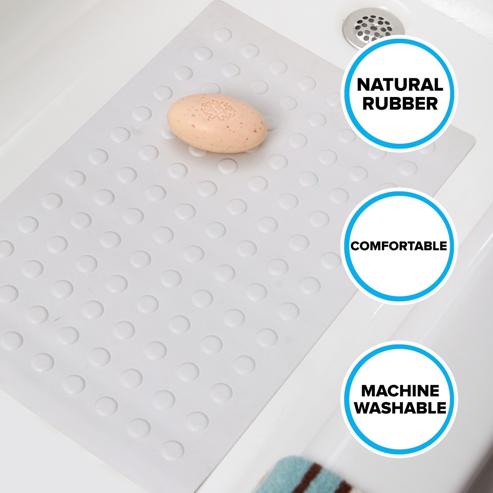 Medium Rubber Bath Safety Mat by SlipX Solutions: White In-Tub Suction Cup Mat