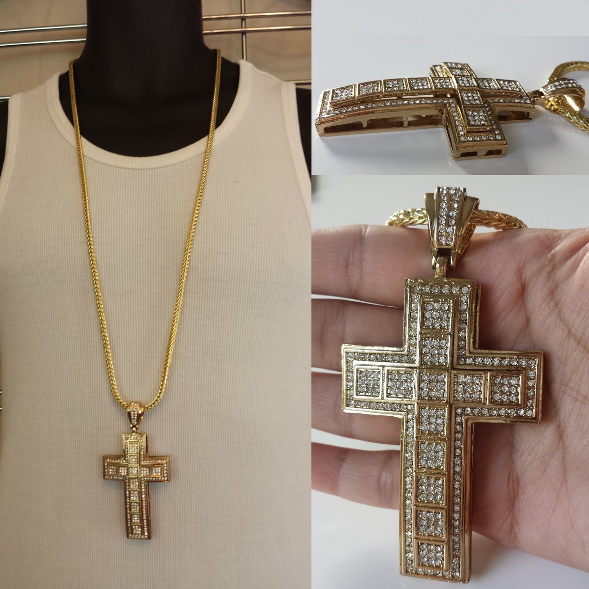 MENS HIP HOP GOLD LARGE CROSS PENDANT W/ 36